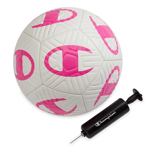Champion Playmaker Logo Deflated Soccer Ball with Pump, Size 5 Soccer Ball, Durable Panels for Kids, Youth & Adults, Indoor/Outdoor Training Ball with Inflation Hand Pump - color: White/Optic Pink, size: 5