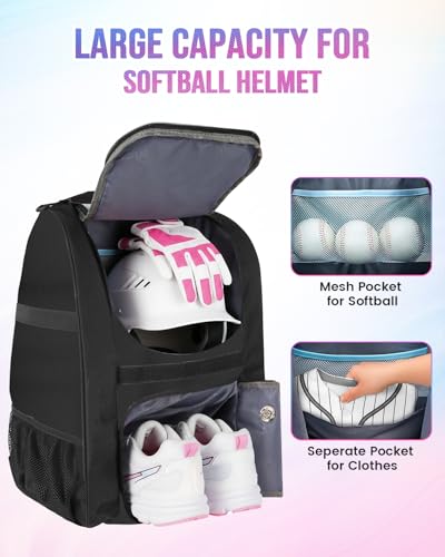 MATEIN Softball Bag, Lightweight Baseball Backpack with Shoe Compartment, Baseball Bag with Fence Hook for TBall Bat & Equipment, Softball Gifts Catchers Backpack for Women Fit Catcher’s Mitt, Helmet - color: Black - Large