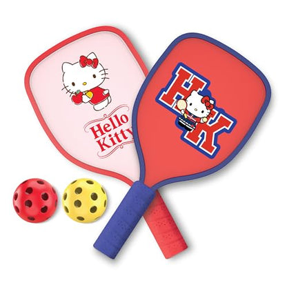 Hello Kitty Pickleball Paddle Set, 2 Paddles with Comfort Grip Handles and 2 Pickleball Balls, Cute Pink & Blue Character Design for Recreational Play