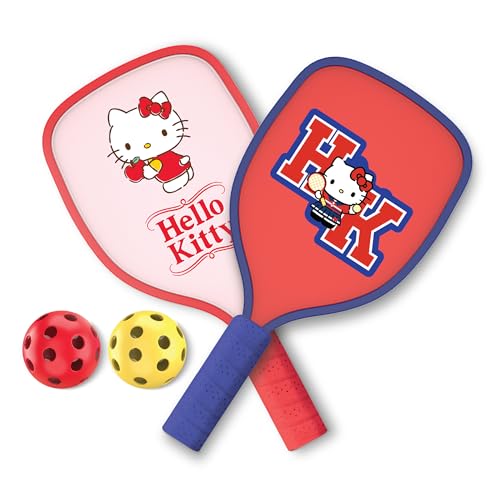 Hello Kitty Pickleball Paddle Set, 2 Paddles with Comfort Grip Handles and 2 Pickleball Balls, Cute Pink & Blue Character Design for Recreational Play