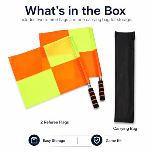 2-Pack Soccer Referee Flags, 14x14 Inches Ideal for linesmen and offside signaling in soccer games, these durable flags offer high visibility. Perfect for matches, training, and referee equipment.