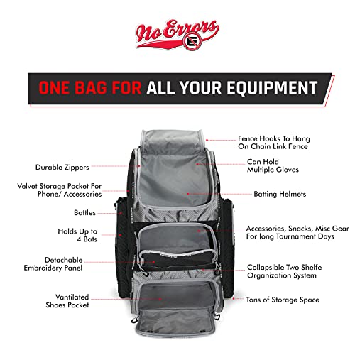 No Errors Top Pick Baseball Backpack for Kids - Heavy Duty Youth Baseball and Softball Bag with Fence Hooks - Dual Glove and Bat Compartments - color: Black