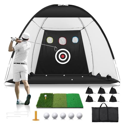 Golf Net: 10x7FT Golf Practice Net for Backyard Driving, Hitting Net with Tri-Turf Mat, Indoor Training Chipping Aid Nets with Reduce Noise Nylon Target, Gifts for Men/Dad/Him
