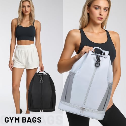Gym Backpack with Drawstring Closure, Expandable Shoe Compartment, Water Resistant Laptop Backpack, Thick Padded Back & Shoulder Straps, Heavy Duty Durable Daypack for Sports, Work, Travel, Black