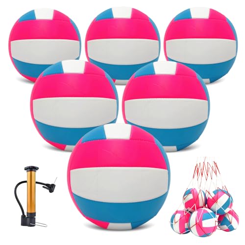 Official Size 5 Volleyball Balls, Waterproof Soft Bulk Recreational Volley Balls with Pump and Net Bag for Beach Pool Sand Training for Beginner - color: Pink/6Pack