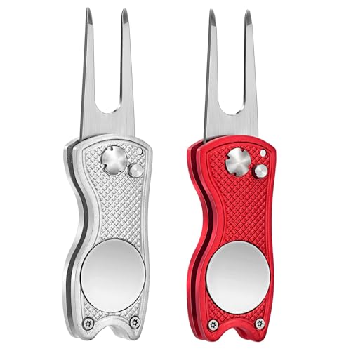 Mile High Life Golf Divot Repair Tool, All Metal Foldable Divot Tool with Pop-up Button & Magnetic Ball Marker, 2-6 Pack - color: Red, Sliver