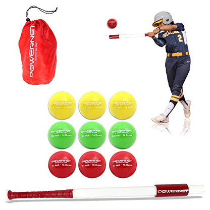 PowerNet Sweet Spot Training Bat + 3.2"" Progressive Softball Training Balls for Hitting & Pitching, 9 Pack Weighted Balls & Weighted Bat, Improve Hand-Eye Coordination & Power - size: 31" (28 oz) Bat + 3.2" Balls LITE 9 Pk