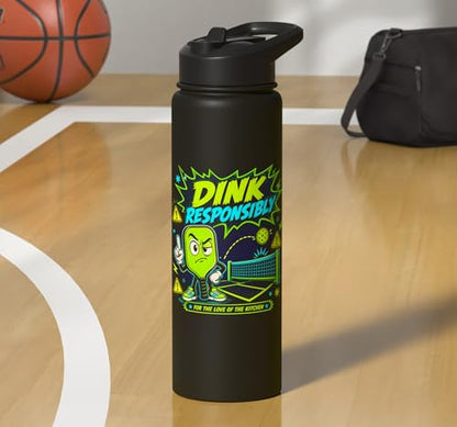 Dink Responsibly Pickleball Kitchen Court Stainless Steel Insulated Water Bottle - color: Black