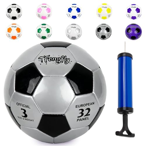 Soccer Ball Size 3 with Pump Needle, Size 3 Trainning Classic White Black Thicker PU Tight Weaved Suitable for Youth Boy League Game Trainning - color: Black+Silver