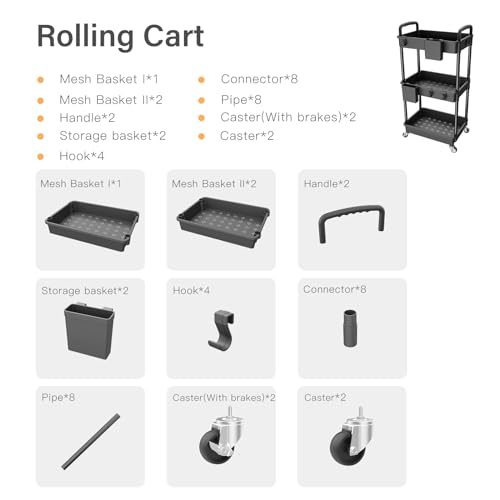 3 Tier Rolling Utility Cart with Handle,REBECAT Utility Cart Made of Multifunctional Storage Organizer Tool for Kitchen,Bathroom,Living Room,Office(Black) - color: Black