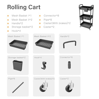 3 Tier Rolling Utility Cart with Handle,REBECAT Utility Cart Made of Multifunctional Storage Organizer Tool for Kitchen,Bathroom,Living Room,Office(Black) - color: Black