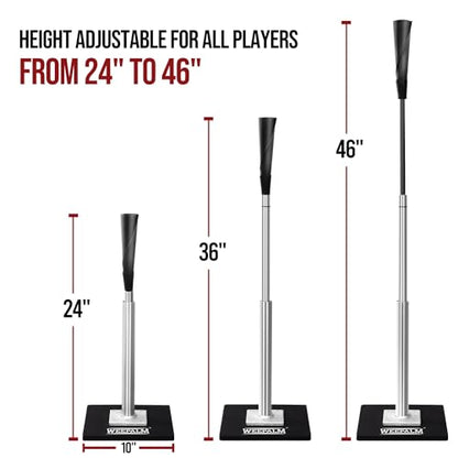 Batting Tee for Baseball/Softball, Premium Hitting Tee with Handrolled Rubber Top,Aluminum Stem,Metal Base,Easy Setup Baseball Tee Height Adjustable 24-46 inch for Kids and Adults