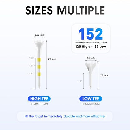 WVM Professional Plastic Golf Tees 152 Pack Combo, High & Low Tee Set with Enhanced Durability, Engineered for Stability, Low Friction, & Reduced Side Spin