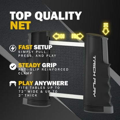 TRICKPLAY Professional Ping Pong Net for Any Table | Portable Anywhere Table Tennis Set with Retractable Net, 2 and 4 Paddle Set, 3-Star Balls, Fitted Storage Case