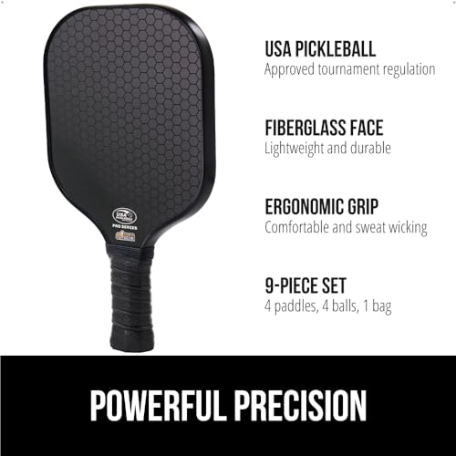 Gorilla Gear USAPA Approved Pickleball Starter Set, Fiberglass Paddles with Bag and Balls, Indoor Outdoor Court Use, Comfortable Racket Grip, Oversized Sweet Spot Pickle Ball Paddle for Men, Women