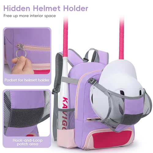 KAVIGOR 2026 Youth Baseball & Softball Bag | Ultra-Light Tball Backpack with Shoe Compartment & Helmet Holder | Skin-Soft Fabric - color: Berry Purple
