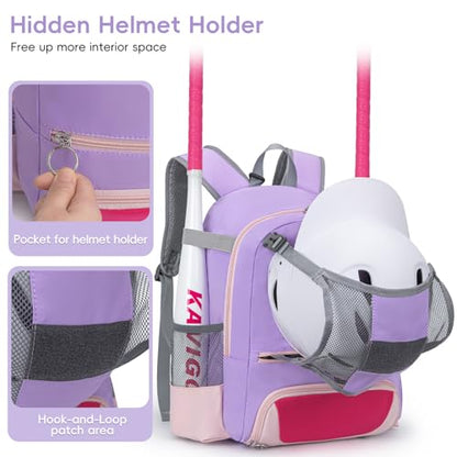 KAVIGOR 2026 Youth Baseball & Softball Bag | Ultra-Light Tball Backpack with Shoe Compartment & Helmet Holder | Skin-Soft Fabric - color: Berry Purple