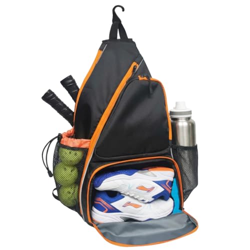 Pickleball Sling Bag with Shoe Compartment for Men Women, Professional 2-3 Paddle Backpack, Large Capacity Bag with 36oz Water Bottle Pocket & Fence Hook - color: Black/Amber