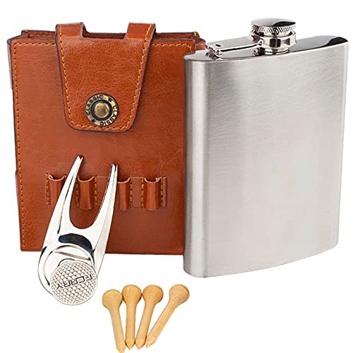 Golf Flask Gift Set - 7oz Flask With Leather Case - Golf Accessories for Men and Women - Includes Divot Tool, Tees and Ball Marker