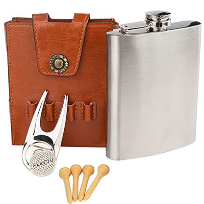 Golf Flask Gift Set - 7oz Flask With Leather Case - Golf Accessories for Men and Women - Includes Divot Tool, Tees and Ball Marker