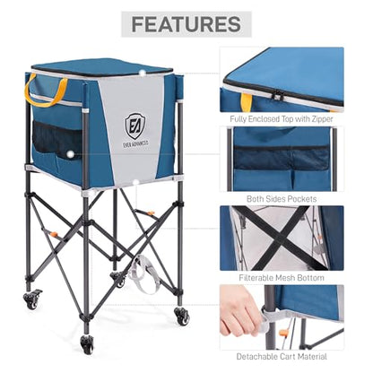 EVER ADVANCED 150 Tennis Capacity Ball Hopper Rolling Ball Cart with Side Pockets, 16.2 x 16.2in Folding Pickleball Basket with Wheels, Sports Equipment Organizer for Baseball Training/Practice, Blue