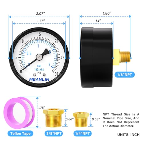 0-30Psi 2" DIAL FACE 1/8" NPT Well Pump Pressure Gauge, with 1/4" NPT and 3/8" NPT Hex Bushing, 3-2-3% Accuracy, Center Back Mount - size: 0-30Psi, style: 1/8"NPT Back Mount