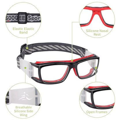 SooGree Sport Glasses for Men Women Basketball Football Sport Goggles Anti Fog Shock Collision Wearable Glasses - color: Black Frame Red Nose Pads