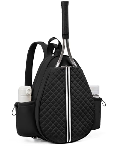 Tennis Bag, Quilted Tennis Sling Crossbody Backpack, Water Resistant Tennis Racket Bags for Women Men, Suitable for Pickleball Tennis Badminton - color: Black, size: Medium