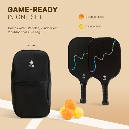 Cult Pickleball Set of 2 Paddles with 4 Balls & Carry Bag Lightweight Fiberglass Pickleball Paddles with Honeycomb Core & Cushioned Non-Slip Grip Includes 2 Indoor Balls, 2 Outdoor Balls & Travel Case