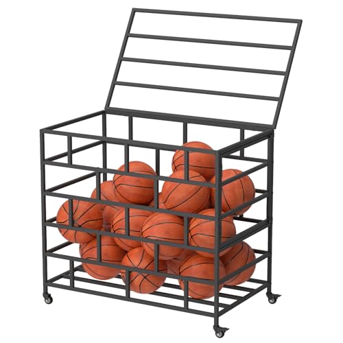 lukar Ball Storage Cart, Sports Basketball Storage Cart with Wheels, Indoor Outdoor Balls Organizer Volleyball Football Storage Ball Cart, Sports Equipment Organizer for Gym School Club Garage