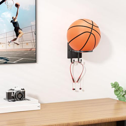 Ball Holder Wall-Mount with Hook,Ball Storage Stand Display Rack for Basketballs, Football, Soccer, Volleyball Collection, Sports Accessories Organizer(1 Pcs)