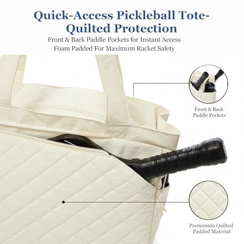 Pickleball Bag Fits 2 to 6 Paddles, Quilted Pickle ball Tote Bags for Women and Men with Shoe Compartment and Fence Hook, Great Pickleball Gifts - color: Beige