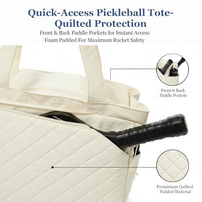 Pickleball Bag Fits 2 to 6 Paddles, Quilted Pickle ball Tote Bags for Women and Men with Shoe Compartment and Fence Hook, Great Pickleball Gifts - color: Beige