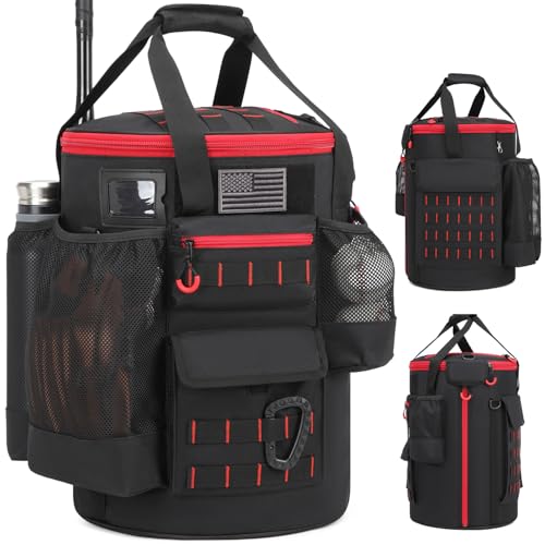Baseball Bucket Bag Baseball Coaching Accessories Organizer Tactical Style Softball Bucket Bag with Anti-Slip Bottom, Multiple Pockets for Bat, Gloves, Scoreboards - color: Black+Red