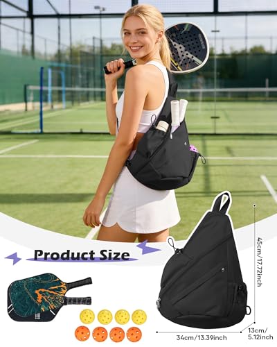 SEAFEW Black Pickleball Crossbody Sling Bag - Men's & Women's Pickleball Sports Backpack with Water Bottle Holder, Adjustable Pickleball - color: A1-black