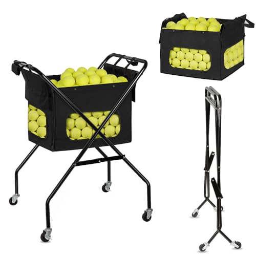 Pickleball Tennis Ball Hopper Tennis Basket Foldable Pickleball Ball Holder Caddy with Wheels Removable Bag Portable Tennis Ball Picker Cart Holds 170 Tennis Balls or 140 Pickleballs