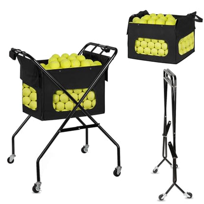 Pickleball Tennis Ball Hopper Tennis Basket Foldable Pickleball Ball Holder Caddy with Wheels Removable Bag Portable Tennis Ball Picker Cart Holds 170 Tennis Balls or 140 Pickleballs