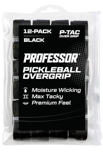 Professor P-Tac Pickleball Paddle Overgrip – Max Tacky, Moisture-Wicking Grip Tape for Pickleball Paddles in 6 & 12 Packs, Anti-Slip & Durable Overgrip for Control & Enhanced Performance - color: Black - 12-Pack