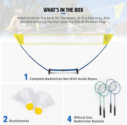 EastPoint Easy Setup Badminton Set - 15 ft Net, 4 Rackets, 2 Shuttlecocks - Quick Setup Net for Backyard Games - Steel Shaft Badminton Rackets for Family Games - Durable Shuttlecocks for Outdoors