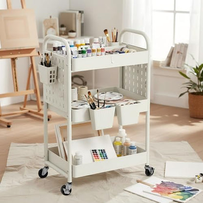 danpinera 3 Tier Rolling Cart with Retractable Dividers, Multi-Functional White Rolling Utility Cart with Pegboards, Hooks & Hanging Cups for Nursery, Living Room, Studio - color: White, size: with Dividers