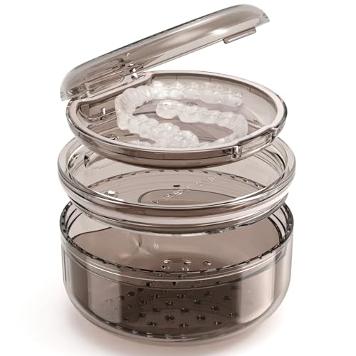 Denture Case Retainer Cleaning Case: 2 in 1 Retainer Case, No-Leak Denture Bath Box Cup, Complete Clean Care for Dentures, Clear Braces, Mouth Guard, Night Guard & Retainers - color: Grey