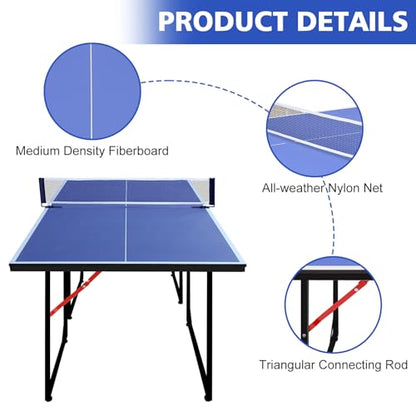 6FT Ping Pong Table Foldable Midsize Table Tennis Table for with Net, Table Tennis Paddles and Balls, MDF Multi-Use Family Game Table Assembly Free for Kid Teenager Adult, Compact & Portable