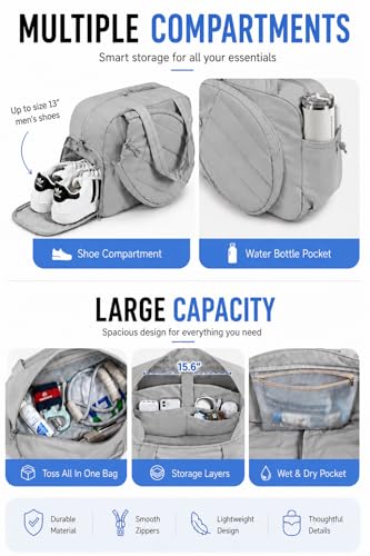 Pickleball,Tennis Racket Bag,Gym Bag for Women,Man. Quilted, Holds 2 Rackets with Shoe Compartment. Sport Bag for Gym, Court, Travel Duffle Bag - color: Light Grey