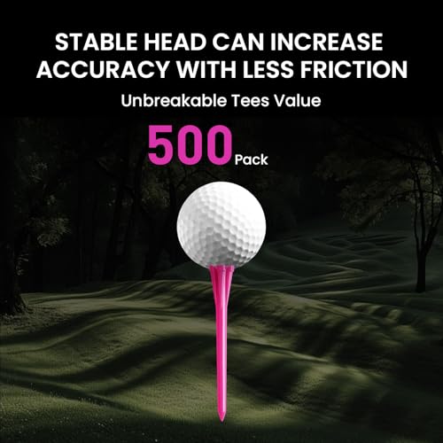 FINGER TEN Golf Tees Plastic Unbreakable Easy to Find Bulk Value 200/500/1000 Count, 2 3/4 3 1/4 Inch Tee Driving Range Reduce Friction, Green Red White USA Flag Practice - color: Pink, size: 500 Count (2 3/4 Inch)