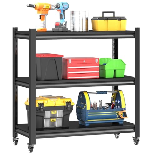 Standing Storage Racks,3 Tier Garage Shelving Heavy Duty Adjustable Garage Shelves,Large Modular Shelving Unit Storage Organizer for Kitchen/Bathroom/Pantry/Office-Assembly Required(Black) - size: 34.2''H-Black