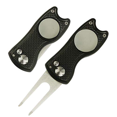 Foldable Golf Divot Repair Tool with Golf Ball Marker - color: black set of 2
