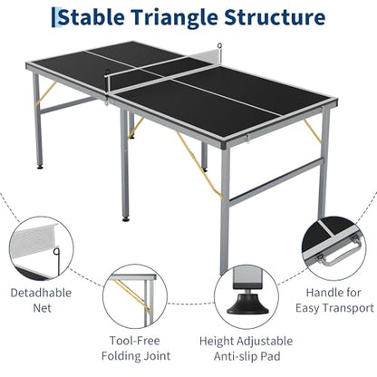 6x3FT Collapsible Table Tennis Table Set – Portable Indoor/Outdoor Ping Pong Table with Net, 2 Paddles & 3 Balls, Mid-Size for Adults & Teens