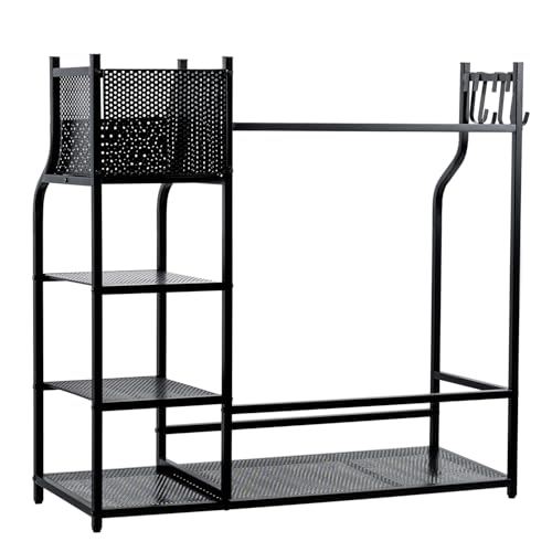 MyGift Golf Bag Stand for Garage, Black Metal Extra Large Golf Garage Storage Organizer with 4 Shelf Ball Holder, Shoe Organizer, and 5 Hook Hanger, Golf Accessories Gift for Men