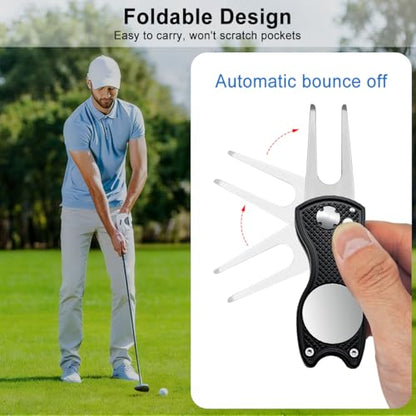 Golf Divot Repair Tool, 1 Pack, Black Metal Foldable Golf Repair Kit with Magnetic Putt Alignment Ball Marker & Pop-up Button Ball Marker, Stainless Steel Ball Marker Switchblade for Golfers