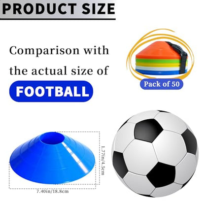 Pro Disc Cones (Set of 50) – Soccer Cones for Training with Drawstring Bag & Strap – Agility Cones for Basketball, Football, and Sports Drills